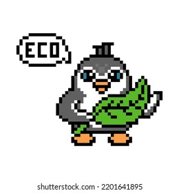 Penguin Holding A Big Green Leaf, Cute Pixel Art Animal Character Isolated On White Background. Retro 80's-90's 8 Bit Slot Machine, 2d Video Game Graphics. Cartoon Eco-friendly Product Mascot.