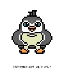 Penguin holding a big tooth, pixel art animal character isolated on white background. Old school retro 80s, 90s 8 bit slot machine, video game graphics. Cartoon dentist bird mascot. Stomatology logo.