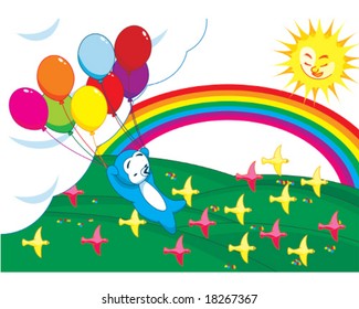a penguin holding a bunch of balloons flying high up above the ground with birds passing by, sun shine and rainbow.