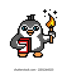 Penguin Holding A Burning Match And A Matchbox, Pixel Art Animal Character Isolated On White Background. Old School Retro 80s, 90s 8 Bit Slot Machine, Computer, 2d Video Game Graphics. Cartoon Mascot.