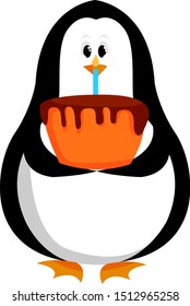 Penguin holding cake, illustration, vector on white background.