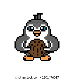 Penguin holding a coconut, pixel art animal character isolated on white background. Old school retro 80's-90's 8 bit slot machine, 2d video game graphics. Cartoon mascot.