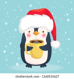 Penguin holding cup of coffee. Cute animal vector. Christmas penguin illustration