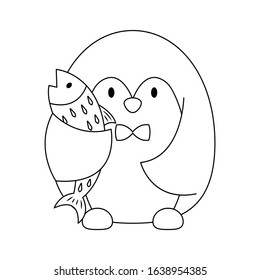 A penguin holding a fish vector illustration cartoon isolated on white background. Cute penguin and fish cartoon colorless for coloring book. 
