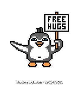 Penguin holding a "Free hugs" banner up above his head, pixel art animal character isolated on white background. Old school retro 80s, 90s 8 bit slot machine, video game graphics. Cartoon mascot.