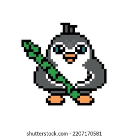 Penguin Holding A Green Garden Asparagus Shoot, Pixel Art Animal Character Isolated On White Background. Old School Retro 80's-90's 8 Bit Slot Machine, Computer, 2d Video Game Graphics. Cartoon Mascot
