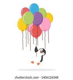 penguin holding Group of balloons Colorful  flat style