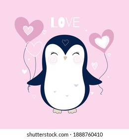 Penguin holding heart shape ballons. Trendy flat style. Vector illustration.
