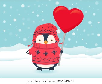 Penguin holding heart sign. Penguin cartoon vector illustration.