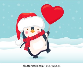 Penguin holding heart sign. Penguin cartoon vector illustration.