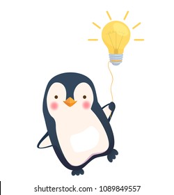 Penguin holding lamp. Energy and idea symbol vector illustration