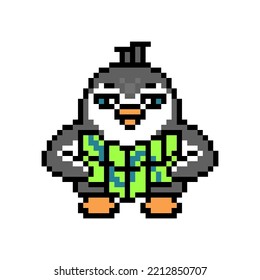 Penguin Holding A Paper Map, Pixel Art Animal Character Isolated On White Background. Old School Retro 80s, 90s 8 Bit Slot Machine, Computer, Video Game Graphics. Cartoon Traveler Mascot. Hiking Logo.