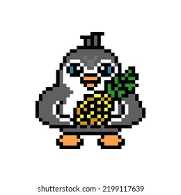 Penguin holding peas pod, cute pixel art animal character isolated on white background. Old school retro 80's-90's 8 bit slot machine, 2d video game graphics. Bird with a vegetable, cartoon mascot.