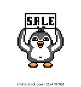 Penguin holding a Sale poster up above his head, pixel art animal character isolated on white background. Old school retro 80s, 90s 8 bit slot machine, computer, video game graphics. Cartoon mascot.