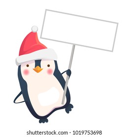 Penguin holding sign. Penguin cartoon vector illustration.