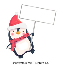 Penguin holding sign. Penguin cartoon vector illustration.