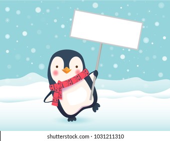 Penguin holding sign. Penguin cartoon vector illustration.