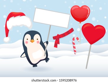 Penguin holding sign. Penguin cartoon vector illustration.