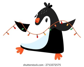 Un pingüino está sosteniendo una cadena de luces de Navidades