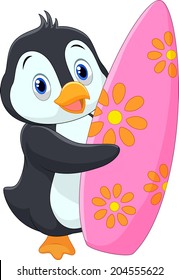 Penguin holding surfing board