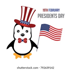 Penguin holding US flag Happy president day. vector illustration 