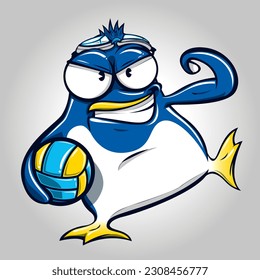 Pingüino sosteniendo un voleibol y flexionando su músculo bicep. Pingüino azul sonriendo en un pie, mascota de un equipo de waterpolo. Concepto de ilustración deportiva.