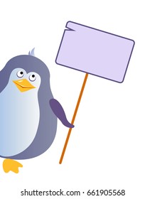 Penguin holds an empty tablet with a place for your design. Vector illustration