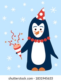 Penguin in holiday cap hold cracker with confetti - funny character for New Year and Christmas party design