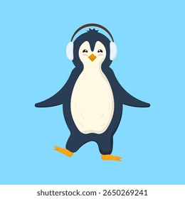 Penguin holiday vector. Christmas cartoon character smiling with scarf and santa hat. Colorful winter wildlife design for new year celebration card. Cute arctic bird icon with snow and festive backgro