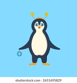 Penguin holiday vector. Christmas cartoon character smiling with scarf and santa hat. Colorful winter wildlife design for new year celebration card. Cute arctic bird icon with snow and festive backgro