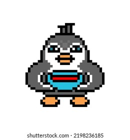 Penguin holiding a bowl of tomato soup, cute pixel art animal character isolated on white background. Old school retro 80s, 90s 8 bit slot machine, computer, video game graphics. Cartoon mascot.