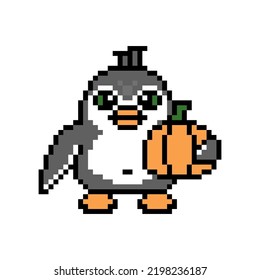 Penguin holiding a pumpkin, cute pixel art animal character isolated on white background. Old school retro 80s, 90s 8 bit slot machine, computer, video game graphics. Cartoon Halloween mascot.