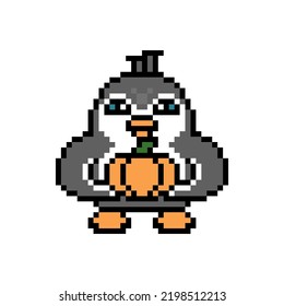 Penguin holiding a pumpkin, cute pixel art animal character isolated on white background. Old school retro 80s, 90s 8 bit slot machine, computer, video game graphics. Cartoon Halloween mascot.