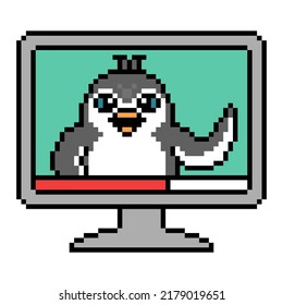 Penguin Host Waving On A Tv Or Computer Monitor Screen, Pixel Art Animal Character Isolated On White Background. Old School Retro 80s, 90s 8 Bit Slot Machine, Video Game Graphics. Cartoon Vlog Mascot.