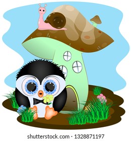 penguin and house cartoon vector illustration. penguin and mushroom house.