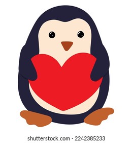 Penguin hugs the heart in his hands on a white background. Symbol of valentine's day. Design element, logo, picture