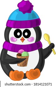 Penguin with ice cream in cartoon style