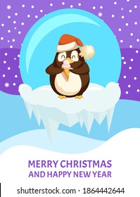 Penguin with ice cream, Christmas greeting card. Arctic bird in Santa hat with dessert on ice floe inside glass ball, winter holidays and New Year vector
