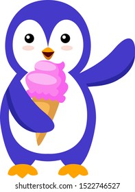 Penguin with ice cream, illustration, vector on white background.