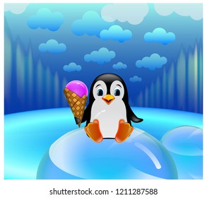 Penguin with ice cream on iceberg. New Year. Christmas. New Year's scenery. Winter. Winter landscape. Snow, Snowflakes. For congratulations. Signboard, banner, poster, postcard. Illustration.