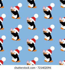 Penguin with ice cream pattern on the blue background. Vector illustration