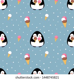 Penguin with ice cream seamless pattern, cartoon colorful vector illustration, isolated on background. 