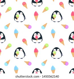 Penguin with ice cream seamless pattern, cartoon colorful vector illustration, isolated on background. 