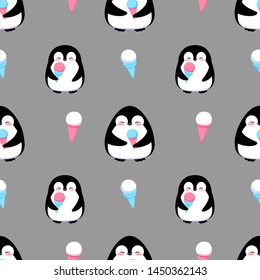 Penguin with ice cream seamless pattern, cartoon colorful vector illustration, isolated on background. 