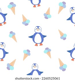 Penguin with ice cream seamless pattern, cartoon colorful vector illustration, isolated on background.