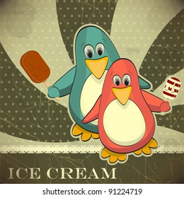 Penguin with ice cream - vintage card