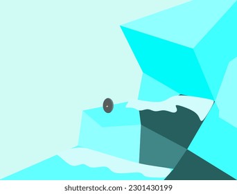 A penguin in ice mountain with less snow because of global warming.