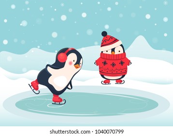 Penguin ice skater cartoon. Penguin isolated vector illustration.