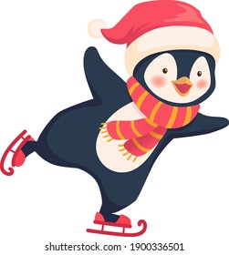 Penguin Ice Skating Isolated. Sport And Leisure Concept Illustration