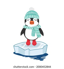 Penguin ice skating on ice floe in winter 